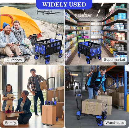 Oyoest 2 in 1 Folding Hand Truck with Folding Basket,Heavy Duty Hand Truck Dolly 330lbs Capacity with Telescoping Handle and Rubber Wheels,Portable Dolly Cart with Bungee Cords for Moving
