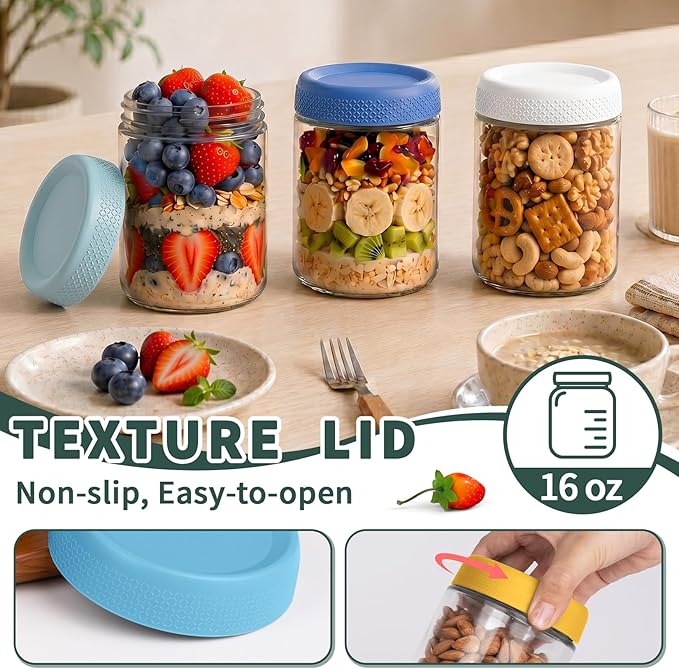 6 Pack Overnight Oats Containers with Lids, Mason Jars 16 oz with Lids, Reusable Glass Jars, Parfait Cups with Lid for Yogurt, Chia, Pudding, Snack, Food, Spice, Breakfast, Salad, Sugar
