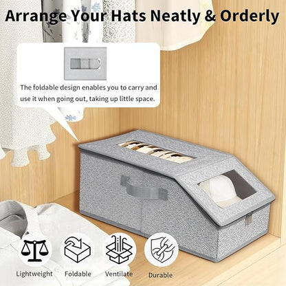 2 PCS Hat Organizer, Stackable Hat Storage for Closet, Breathable Fabric, for Women & Men Hat Boxes (Grey)