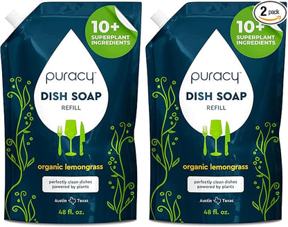 Puracy Natural Dish Soap Refill - Skin-Softening Plant-Based Liquid Dishwashing Detergent Soap, Clean-Rinsing Water-Sheeting Formula (Organic Lemongrass, 48 fl oz) (Pack of 2)