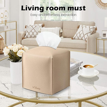 Tissue Box Cover, Tclouda, Modern PU Leather Square Tissue Box Holder for Creative Decorative, 2 Pack, Ideal for Bathrooms/Office/Car/Nightstand/Outdoor Tent/Dining Table, 5"X5"X5", Double Beige