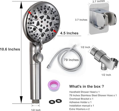 GwernKB Handheld Shower Head with On Off Switch 8-Mode High Pressure Showerhead with 79 Inches Extra-long Stainless Steel Hose and Bracket PLUS Extra Low-Reach Adhesive Wall Mount for Kids,Silver…
