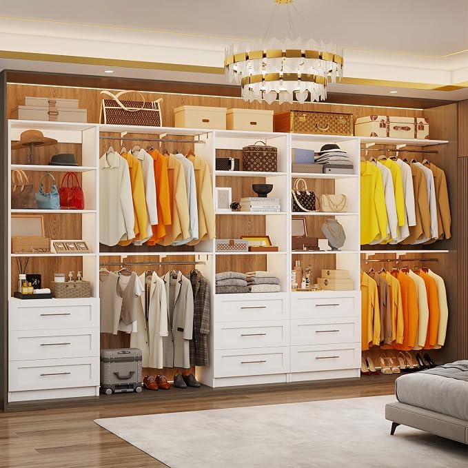 Closet System with 9 Drawers, 11-17FT Closet Organizer System with Cuttable Shelves for Walk in Closet with 9 Expandable Hanging Rods, Heavy Duty Built-in Closet for Bedroom, White(3 Sets)