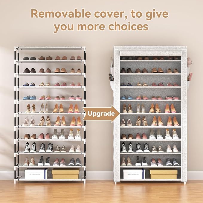 ROJASOP 10 Tier Shoe Rack with Covers Large Capacity Stackable Tall Shoe Shelf Storage for 50-55 Pairs Shoe and Boot, Sturdy Free Standing Shoe Rack Organizer for Closet, Entryway, Bedroom, Printing