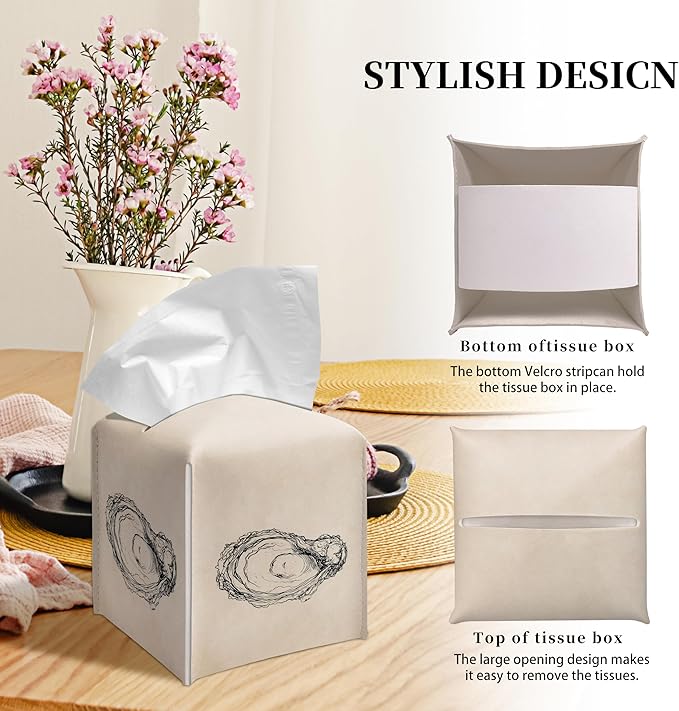 Grace Yonks Minimal Tissue Box Cover Square - Oyster Line Art Design 5.2" PU Leather Holder for Vanity, Desk, or Bathroom Counter - Cube Case for Facial Tissues. (112)