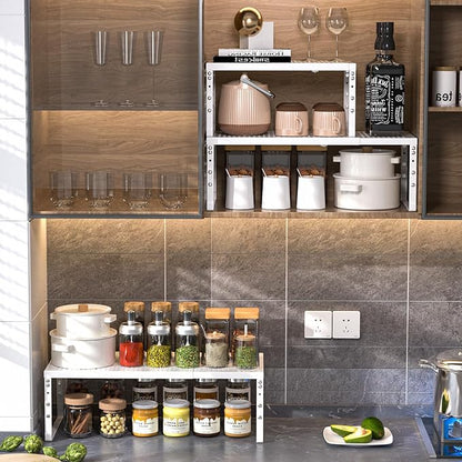 Cabinet Shelf,Expandable Adjustable Stackable Kitchen Organizer,for cabinets, Kitchens, countertops, bathrooms Shelf Organizer(2Packs/White,Large)