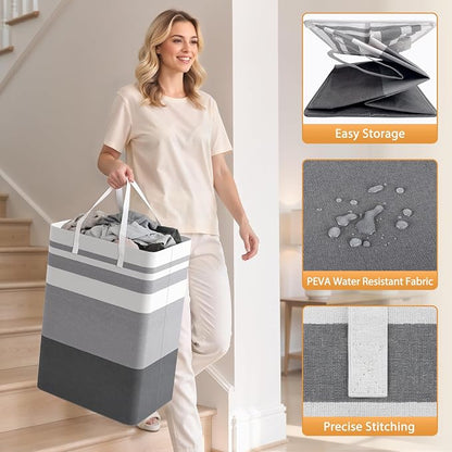 HomeHacks 2 Pack Large Laundry Baskets, Waterproof, Freestanding Laundry Hampers, Collapsible Clothes Hamper with Reinforced Handles in Laundry Room, College Dorm, Bathroom, Bedroom (Grey, 75Lx2)