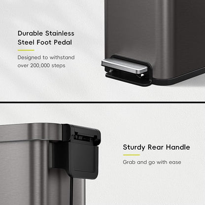 EKO Hudson Slim Trash Can with Lid, 13 Gal Stainless Steel, Gunmetal Gray | Kitchen, step pedal, soft close lid, stay-open frame, secure liner ring, rear handle