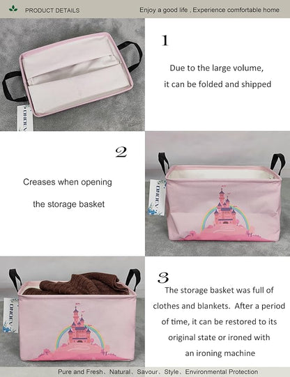 Rectangular Pink Princess Castle Storage Bin, Decorative Canvas Laundry Basket with Dual Handles, Foldable Household Organizer for Girls Bedroom Dorm