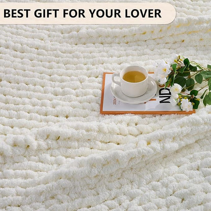 L'AGRATY Chunky Knit Blanket Throw: 80''x90'' Chenille Chunky Knitted Throw Blanket for Bed Couch - Handmade Thick Big Cable Knit Blanket - Large Chunky Crochet Blanket for Home Decor(Cream White)