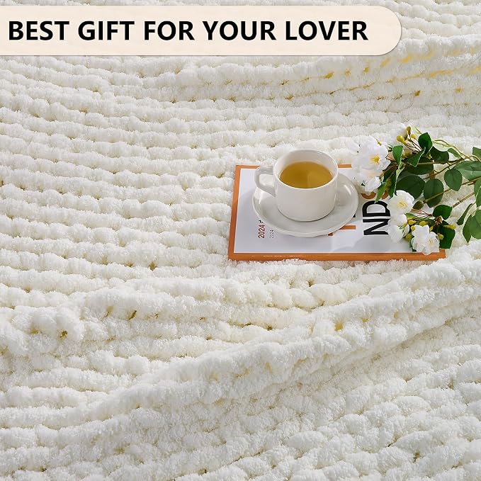 L'AGRATY Chunky Knit Blanket Throw: 72''x84'' Chenille Chunky Knitted Throw Blanket for Bed Couch - Handmade Thick Big Cable Knit Blanket - Large Chunky Crochet Blanket for Home Decor(Cream White)