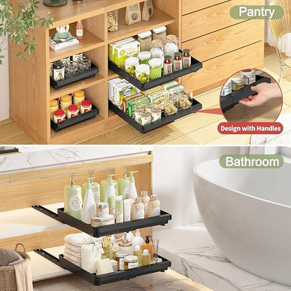 DOMNIU 2 Pack Pull Out Cabinet Organizers Expandable (13''-19''), Plastic Slide Out Drawers for Kitchen, Bathroom, Pantry, Under Sink Storage, Pull Out Drawers Fixed with Adhesive Nano Film (Black)
