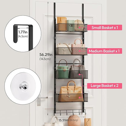 SWTYMIKI Over The Door Purse Organizer - Wall Mounted Purse Rack with 4 Adjustable Metal Basket and 6 Hooks, Hanging Bag Rack for Handbag Organizer, Bag Storage Can Use As 1/2 Part, for Door, Closet