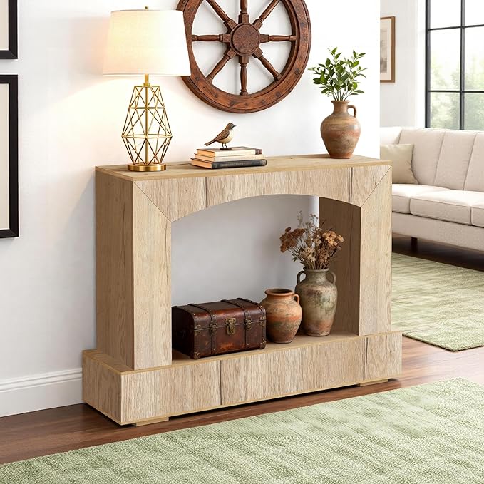 46 Inch Entryway Table U-Shaped, Wooden Console Table with Socket Farmhouse Sofa Table for Entrance, Hallway, Living Room,Behind Couch((Natural Brown)