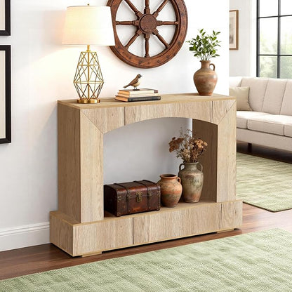 46 Inch Entryway Table U-Shaped, Wooden Console Table with Socket Farmhouse Sofa Table for Entrance, Hallway, Living Room,Behind Couch((Natural Brown)
