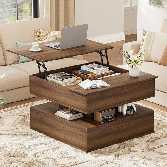 FABATO Lift Top Coffee Table with Storage and Hidden Compartment, Wood Square Coffee Table for Living Room, 31.5'' Small Center Table with Open Display Shelf for Dining Reception Room, Walnut