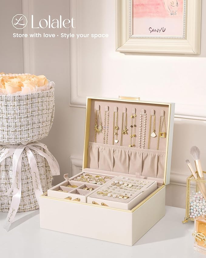 Lolalet Jewelry Box Organizer for Women Girls, 2 Layer Jewelry Organizers and Storage for Necklace Earrings Rings Bracelets, Large Jewellery Holder Case Birthday Gifts -Cream