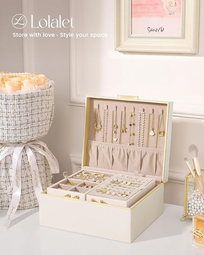 Lolalet Jewelry Box Organizer for Women Girls, 2 Layer Jewelry Organizers and Storage for Necklace Earrings Rings Bracelets, Large Jewellery Holder Case Birthday Gifts -Cream