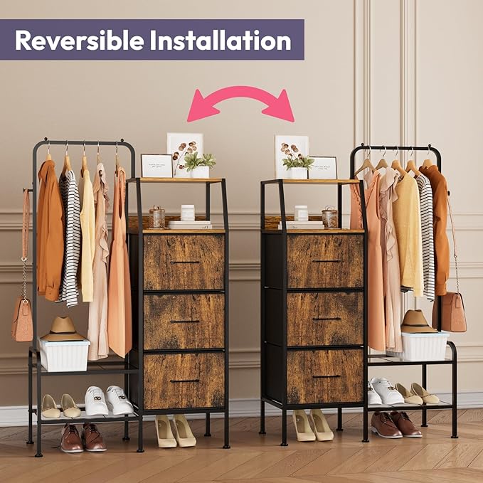 SWTYMIKI Dresser with Hanging Rack - 3 Fabric Drawers Kids Dresser for Bedroom - Reversible Tall Storage Tower, Small Space Clothes Storage Organizer Cabinet for Apartment, Dorm 49.21''H, Espresso