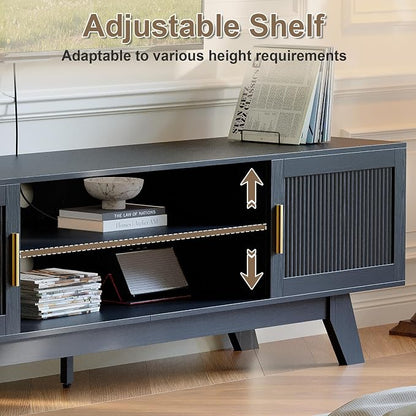 ChooChoo 59.5" Fluted TV Stands for 65 Inch TV, Mid Century Modern Entertainment Center with Storage and Adjustable Shelf, Long TV Console Media Table for Living Room, Bedroom, Black