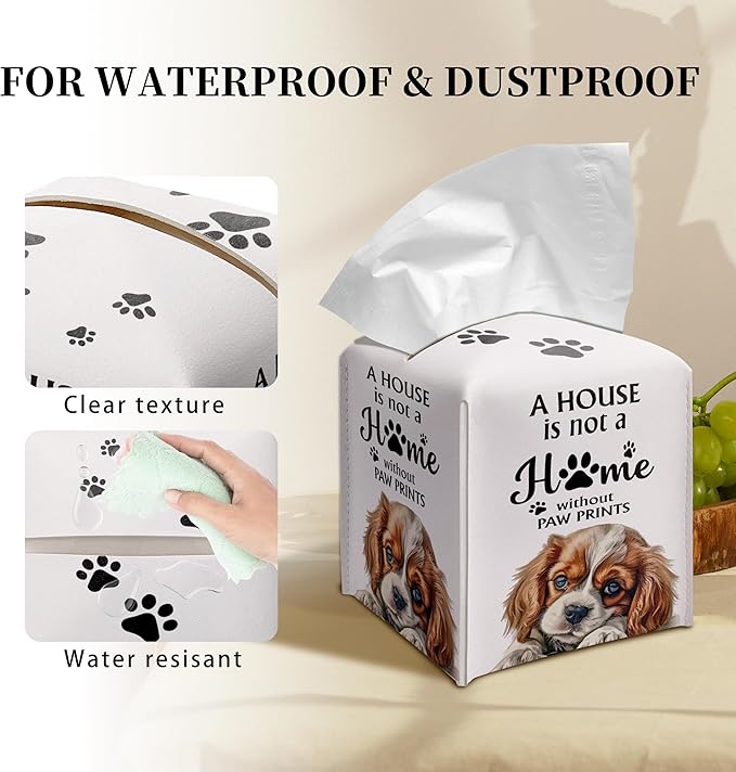 Grace Yonks Cute Cavalier King Tissue Box Cover Square, Cavalier King Dog Cube Case for Facial Tissues, 5.2" PU Leather(039)