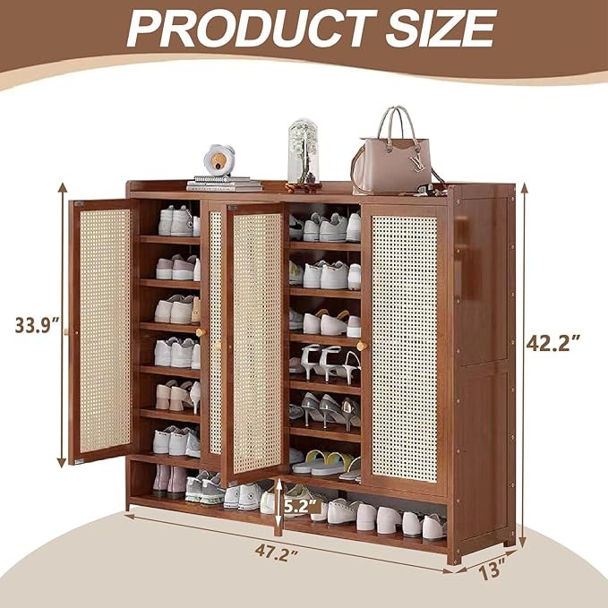 7-Tier Bamboo Shoe Cabinet，Shoe Storage Cabinet with Doors, 36-40 Pairs Freestanding Shoes Cabinet Organizer, Large Shoe Cabinet for Entryway, Hallway, Living Room