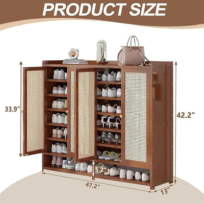 7-Tier Bamboo Shoe Cabinet，Shoe Storage Cabinet with Doors, 36-40 Pairs Freestanding Shoes Cabinet Organizer, Large Shoe Cabinet for Entryway, Hallway, Living Room