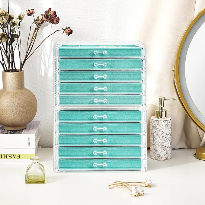 ProCase Earring Holder Organizer Jewelry Box with 10 Drawers, Acrylic Clear Earring Case with Adjustable Velvet Trays for Women - Aqua,10 Layers