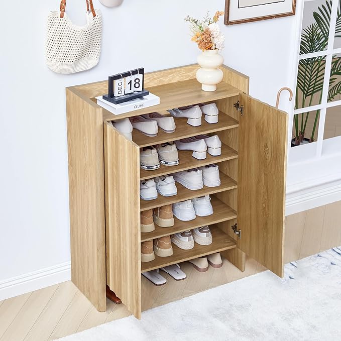 Fluted Shoe Cabinet, 5-Tier Shoe Storage Cabinet with Doors,Freestanding Hidden Shoe Cabinet Organizer, Narrow Shoes Storage Rack for Entryway (Natural)