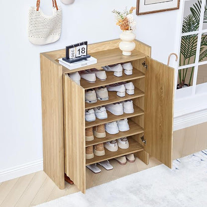 Fluted Shoe Cabinet, 5-Tier Shoe Storage Cabinet with Doors,Freestanding Hidden Shoe Cabinet Organizer, Narrow Shoes Storage Rack for Entryway (Natural)