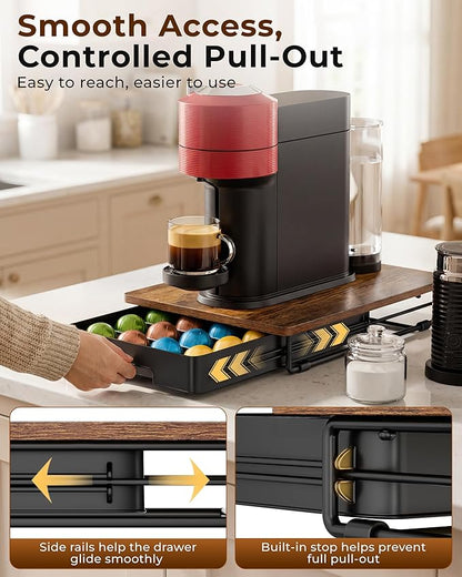 EVERIE Coffee Pod Drawer Compatible with Nespresso Vertuo Capsules, Low Profile Wooden Pod Holder, 24-Slot Rustic Brown Organizer with Metal Frame, 15.9 x 12 x 3 In
