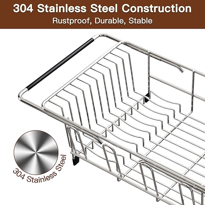 Over the Sink Expandable Dish Drainer Drying Rack In Stainless Steel for Small Kitchen, Counter Space Saving Modern Compact Metal Above Plate Dryer Strainer, Adjustable Hanging Inside Drain Holder