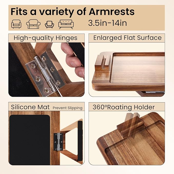 Acacia Wood Couch Arm Tray with 360°Phone Holder,Folding Sofa Armrest Tray,Couch Arm Table Clip-On Couch Desk for Drinks,Snacks,Phone,Remote Control
