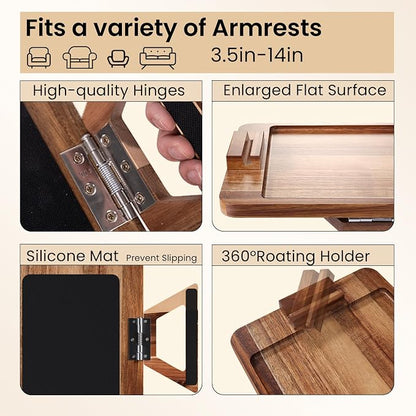Acacia Wood Couch Arm Tray with 360°Phone Holder,Folding Sofa Armrest Tray,Couch Arm Table Clip-On Couch Desk for Drinks,Snacks,Phone,Remote Control