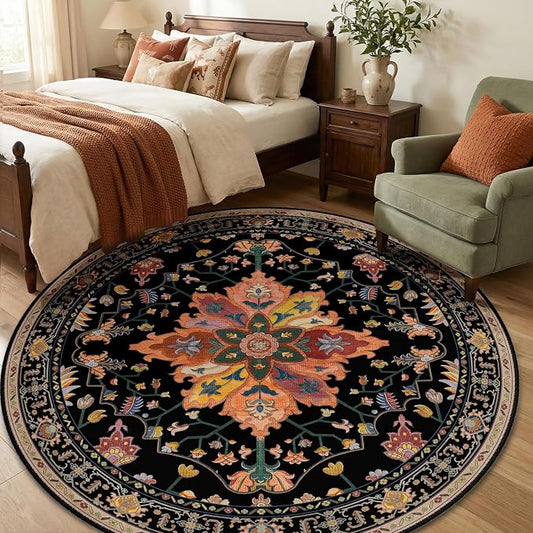 RELEANY Area Rugs Round 6ft Washable Non-Slip, Floral Vintage Distress Medallion Carpet for Living Room Bedroom Dining Room, Black Colorful Floral Dark Tan
