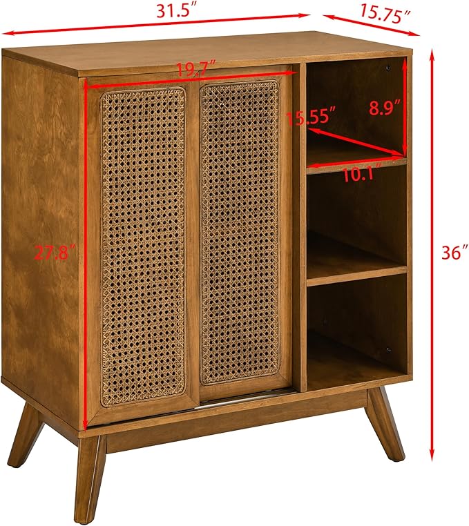 LKTART Mid Century Modern Storage Cabinet with Rattan Sliding Doors and Open Shelves, Boho Style Wooden Sideboard Buffet for Living Room,Light Walnut