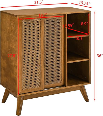 LKTART Mid Century Modern Storage Cabinet with Rattan Sliding Doors and Open Shelves, Boho Style Wooden Sideboard Buffet for Living Room,Light Walnut