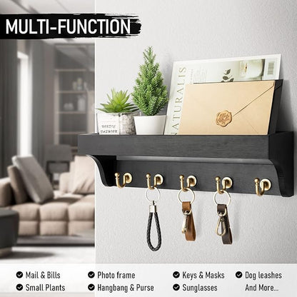 Rebee Vision Key Holder for Wall with Shelf : Decorative Key Organizer with 5 Rustic Keys Hooks and Primitive Wood Mail Organizer Wall Mount - Entryway Décor (Black)