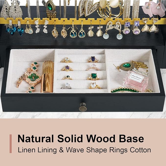 Pinzoveco Earring Organizer, 5 Layer Earring Holder Organizer with Metal Necklace Holder Pole, Rustic Wood Jewelry Organizer Stand Display for Stud Earring Bracelet Necklace Ring, 175 Earring Holes
