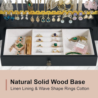 Pinzoveco Earring Organizer, 5 Layer Earring Holder Organizer with Metal Necklace Holder Pole, Rustic Wood Jewelry Organizer Stand Display for Stud Earring Bracelet Necklace Ring, 175 Earring Holes