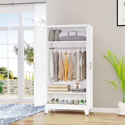 Metal Wardrobe Cabinet with Hanging Rod, 71" Metal Clothing Storage Cabinets with 2 Doors and Adjustable Shelves, White Armoire Wardrobe Closet for Bedroom, Laundry Room, Cloak Room