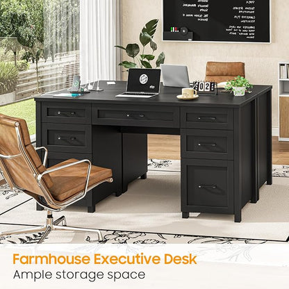 Farmhouse 61'' Executive Desk with 5 Drawers, Rustic Office Desk Computer Desk with Charging Station, File Drawers and Storage Cabinet, Wood Workstation for Home Office and Study,Pure Black