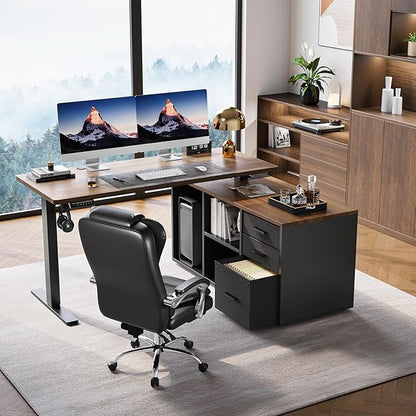 HUANUO L Shaped Standing Desk, Electric Executive Desk with Drawers, Adjustable Height Stand Up Desk, 55″ x 23.6″ One-Whole Piece Desktop, Home Office Computer Desk with 4 Memory Presets, Walnut