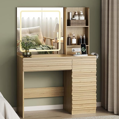 Makeup Vanity Desk with Lights, Fluted Vanity with 4 Drawers, Open Shelves, Power Outlet, LED Lighted Mirror, 3 Lighting Modes & Brightness Adjustable, Wood Dressing Table for Bedroom, Natural Oak