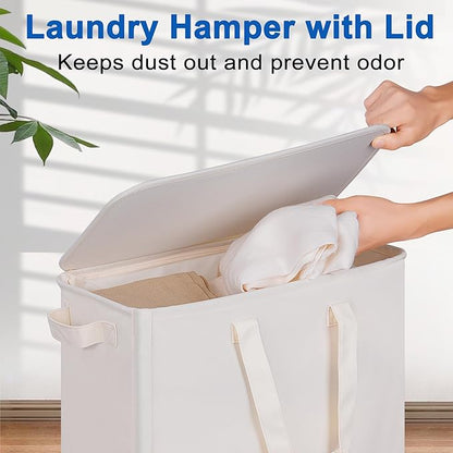 Vincona Slim Laundry Hamper with Lid and Wheels, Small Rolling Laundry Basket with Handle for Small Spaces, Tall Dirty Clothes Hampers for Dorm, Bathroom and Bedroom, 75L, Beige