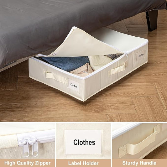 Vincona Under Bed Storage with Wheels, Rolling Under Bed Storage Containers with Label Holders for Clothes, Shoes and Blankets, Underbed Storage Organizer with Cover, 2 Pack Beige (23.6x15.7x7.28 in)