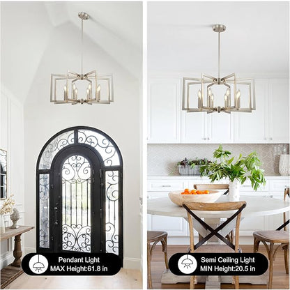 8-Light Large Brushed Nickel Chandeliers for Dining Room，Modern Industrial Pendant Lights Kitchen Island，Farmhouse Entryway Light Fixtures，Metal Geometric Chandelier for Living Room