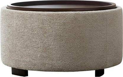Zihanhome 30 Inch Round Storage Ottoman, Ottoman Coffee Table with Lift Off Lid, Boucle Modern Ottomans with Storage for Living Room, Bedroom, Apartments (Light Brown Striped)