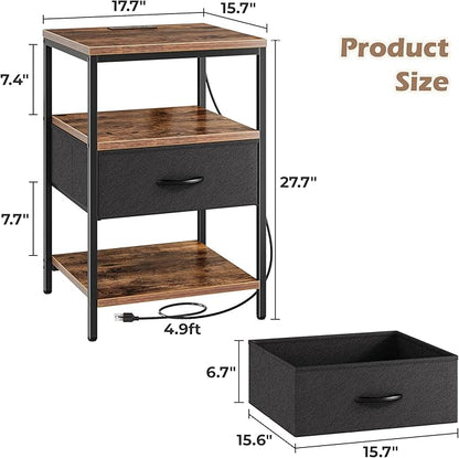 SUPERJARE Night Stand with Charger Station, 27.7 Inch Tall Nightstand with Adjustable Fabric Drawer, Bed Side Table, Fabric Drawer Dresser for Bedroom, Living Room, Rustic Brown and Black
