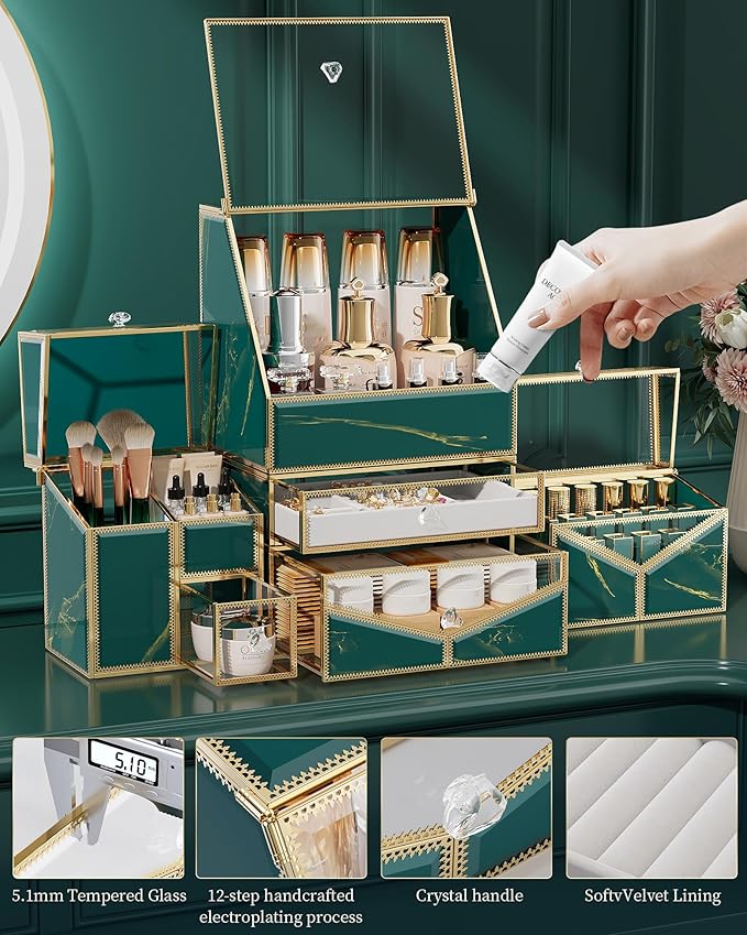Youdepot Extra Large Makeup Organizer, Glass Cosmetic Storage with Drawers, Stackable Makeup and Jewelry Organizer for Vanity Table, Bathroom Countertop, Skincare, Lipsticks, Perfume, Brushes